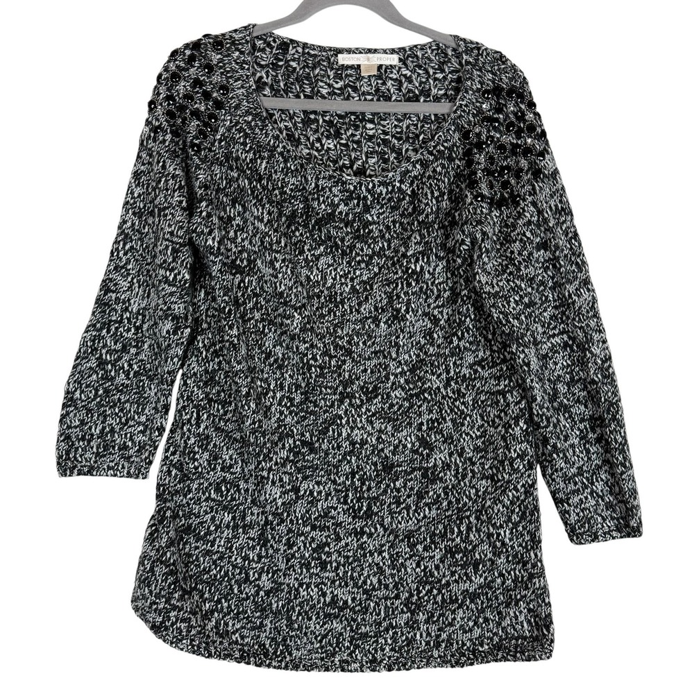 Boston Proper Sweater Womens L Gray Beaded Shoulder Tunic Scoop Neck 3/4 Sleeve